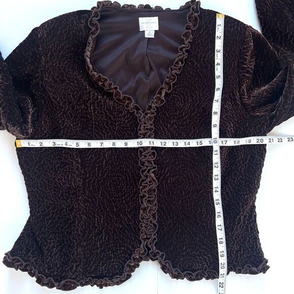 Y2K Emma James Burnout Velvet Textured Ruffled Brown Zip Whimsigoth Blazer SZ 14 - Picture 8 of 13